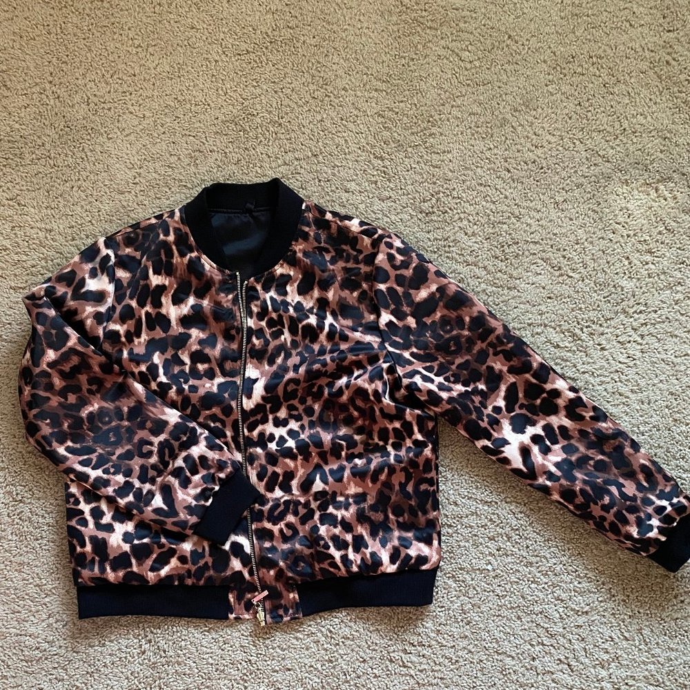 Iman Womens Global Chic Luxe Leopard Bomber Jacket